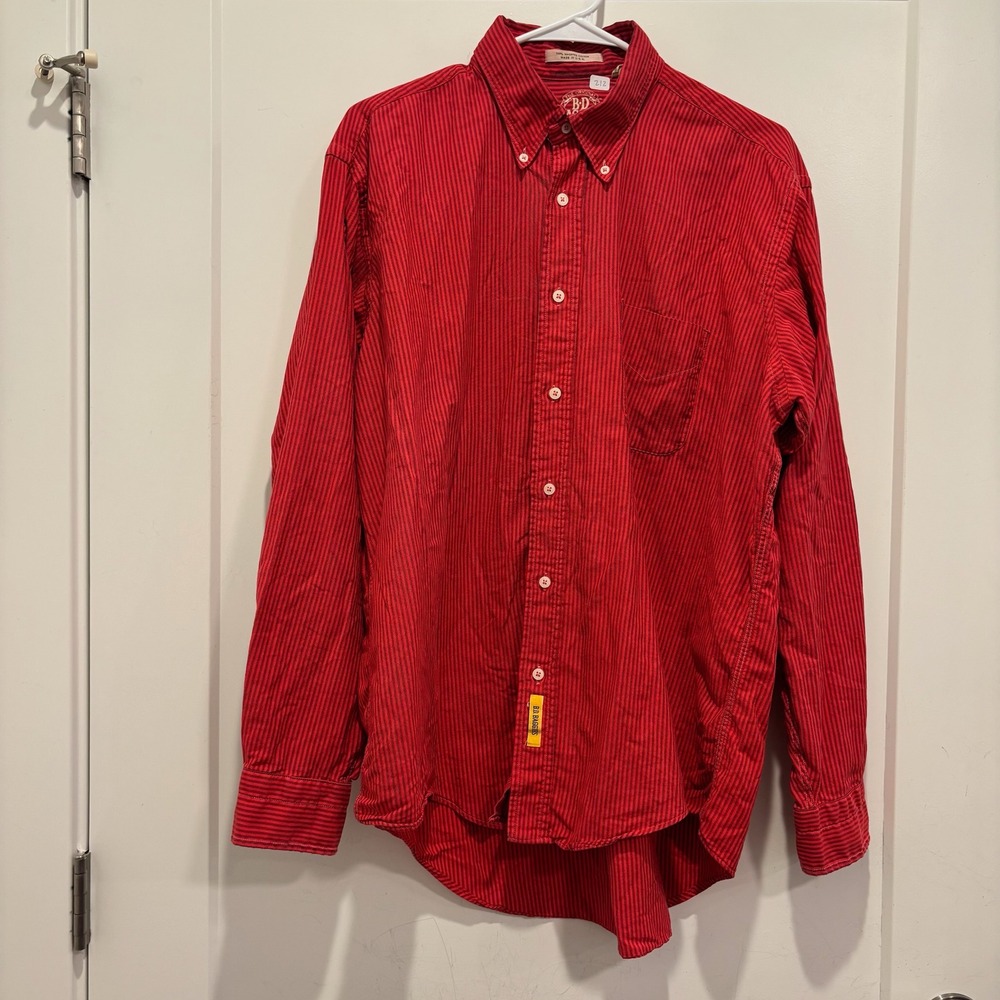 B.D.‎ Baggies Mens Red Black Striped Button Down Shirt Made in USA Cotton 16.5